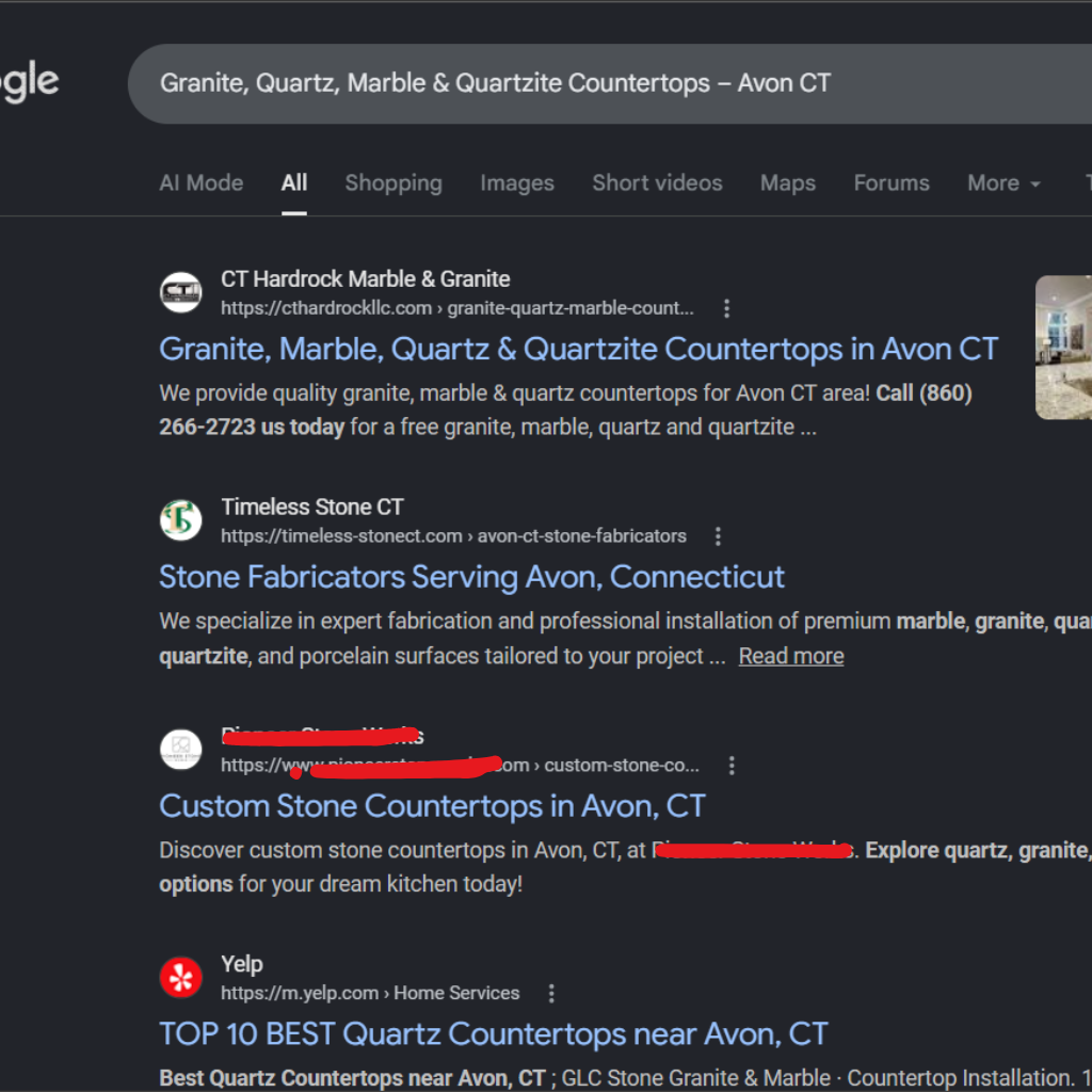 Anonymous local SEO ranking screenshot