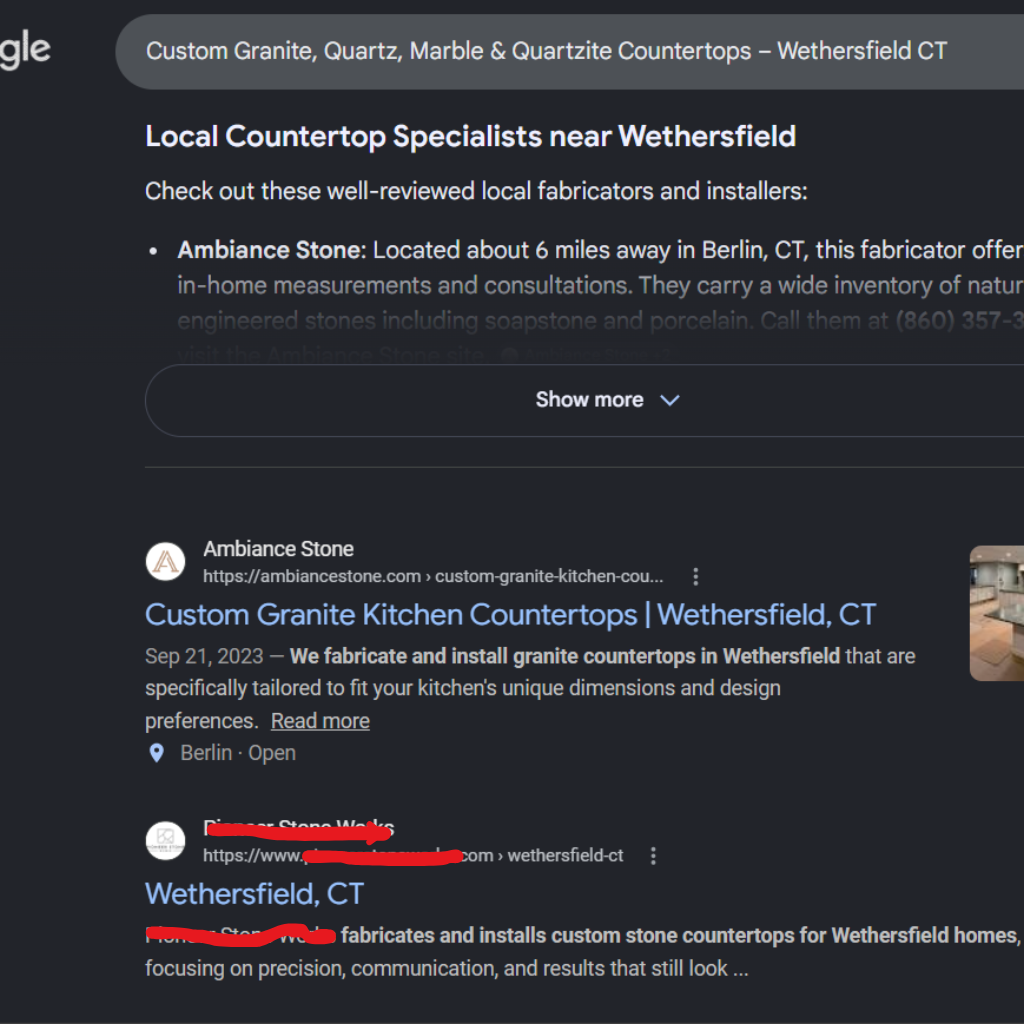 Anonymous location page SEO proof screenshot