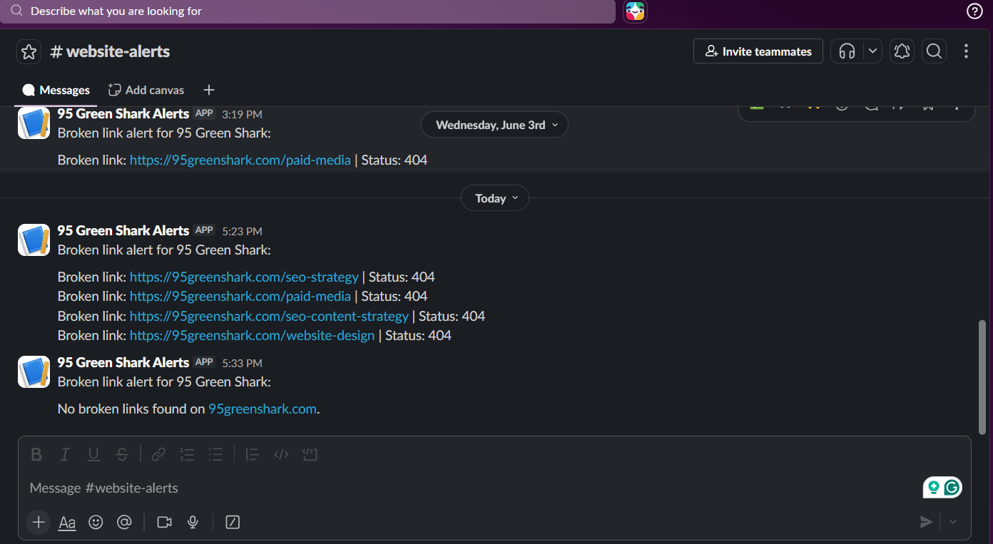Broken link automation Slack notification screenshot