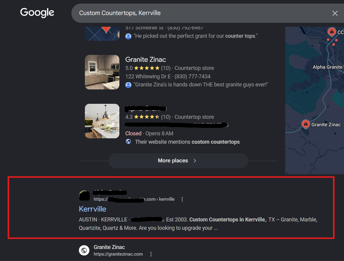 Alpha Granite location page SEO screenshot