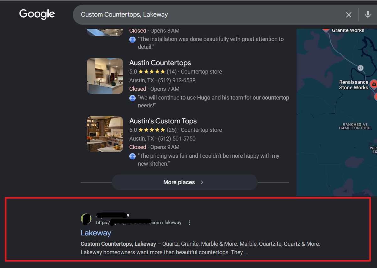 Alpha Granite Google ranking screenshot