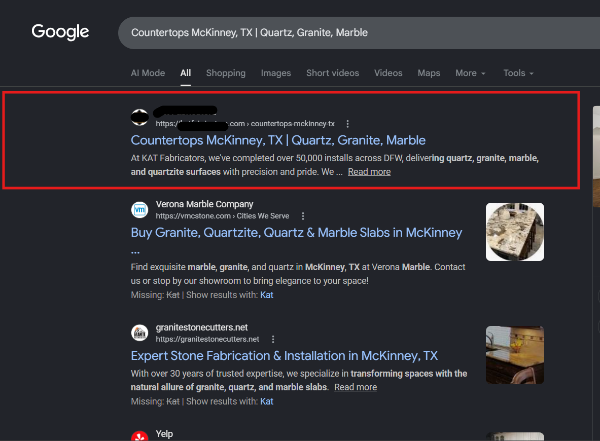 KAT Fabricators location page SEO screenshot