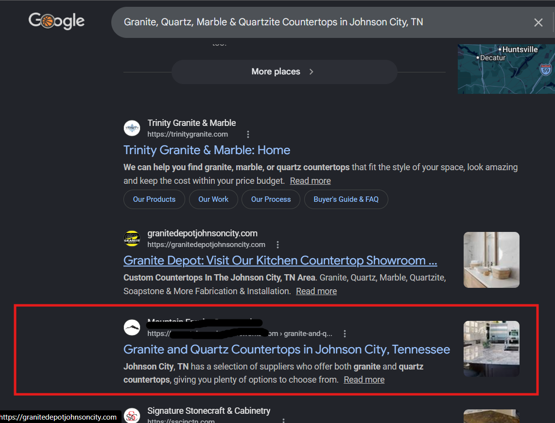 Mountain Empire Stoneworks Google ranking screenshot