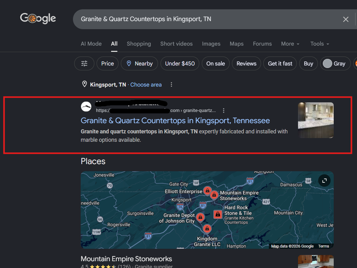 Mountain Empire Stoneworks local SEO ranking screenshot