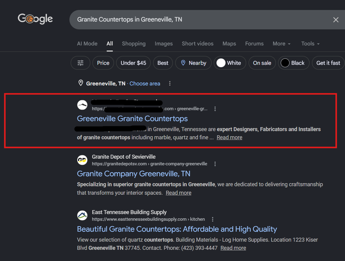 Mountain Empire Stoneworks Google search ranking screenshot