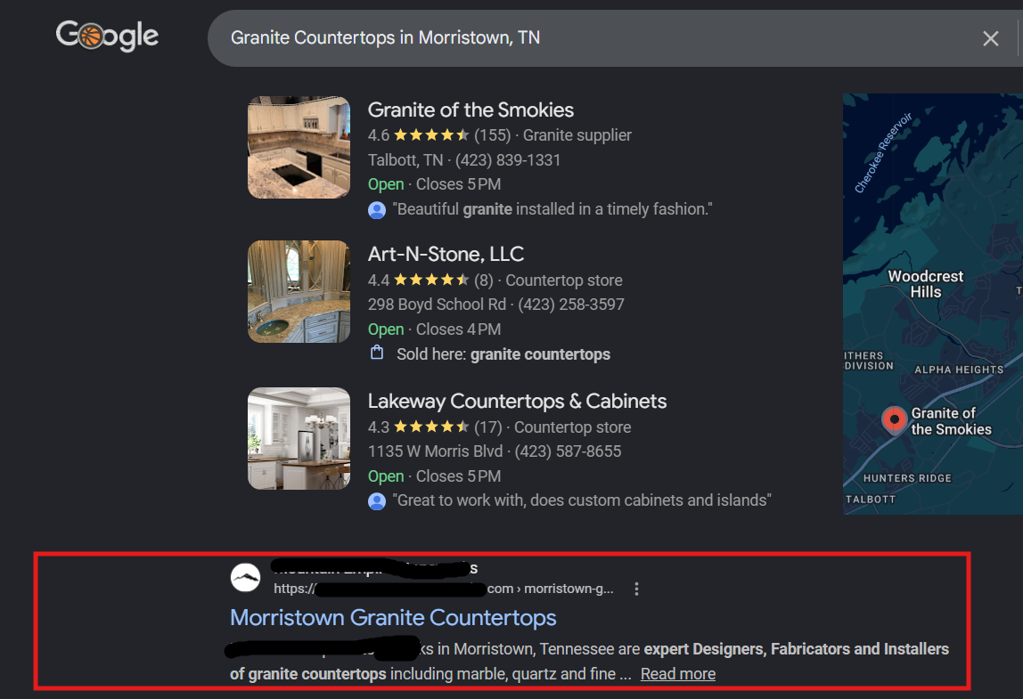 Mountain Empire Stoneworks location page ranking example