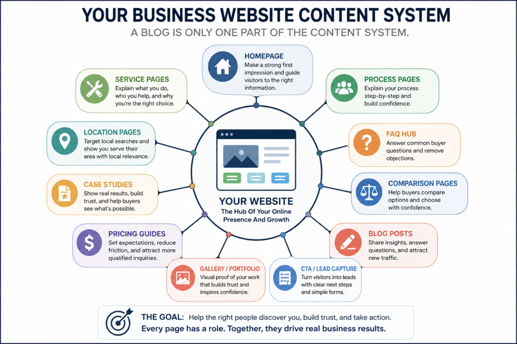 Business Website Content Strategy diagram showing homepage, service pages, location pages, case studies, pricing guides, FAQ hub, comparison pages, blog posts, lead capture, and gallery pages.