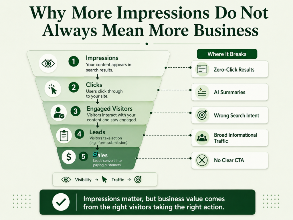 SEO funnel graphic showing why impressions, clicks, engaged visitors, leads, and sales can break down because of zero-click results, AI summaries, wrong intent, broad traffic, and weak CTAs.