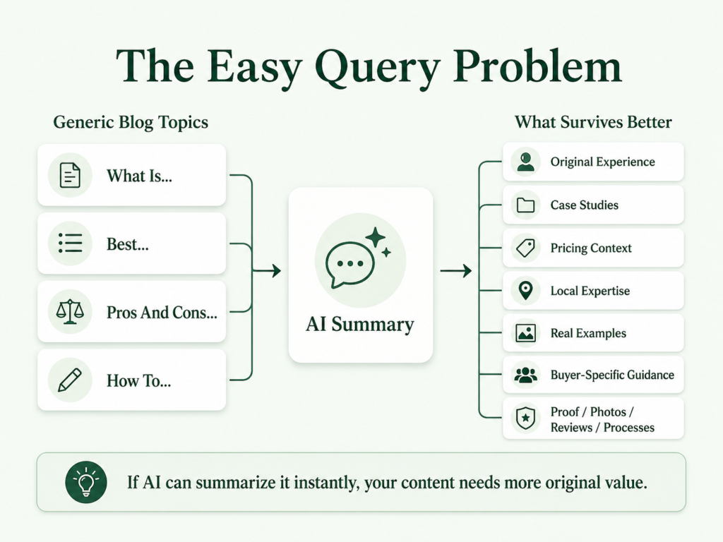 Business Website Content Strategy infographic showing how generic blog topics are replaced by AI summaries while original experience, case studies, pricing context, and proof survive better.