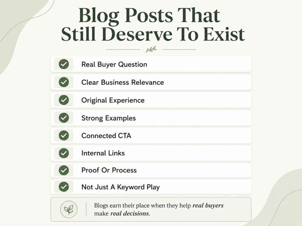 Checklist graphic showing the types of blog posts that still support business website content strategy, including buyer questions, original experience, proof, internal links, and clear CTAs.