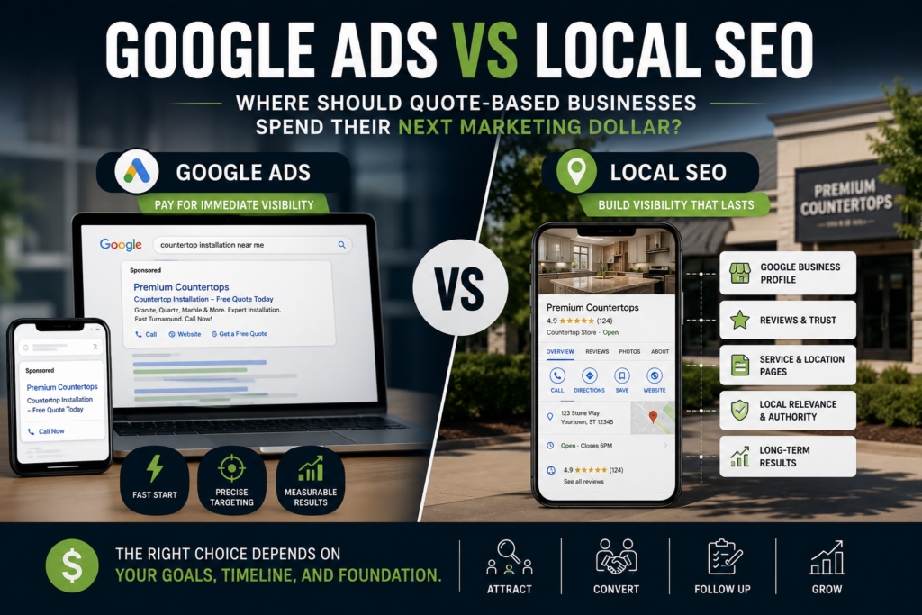 Google Ads or local SEO? Learn which one quote-based businesses should invest in first based on speed, trust, budget, and lead goals.